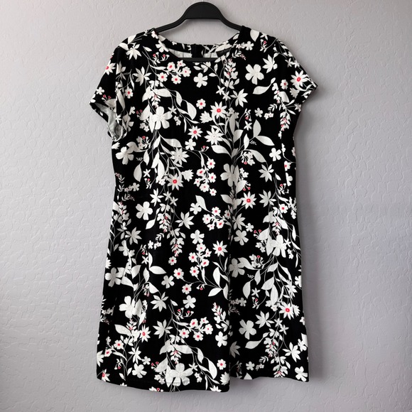 J Jill Wearever Collection Large Petite Black White Floral Short Sleeve Dress - Picture 1 of 7